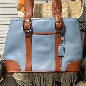 Coach Hamptons Leather Tote in Blue With Brown Trim 7588